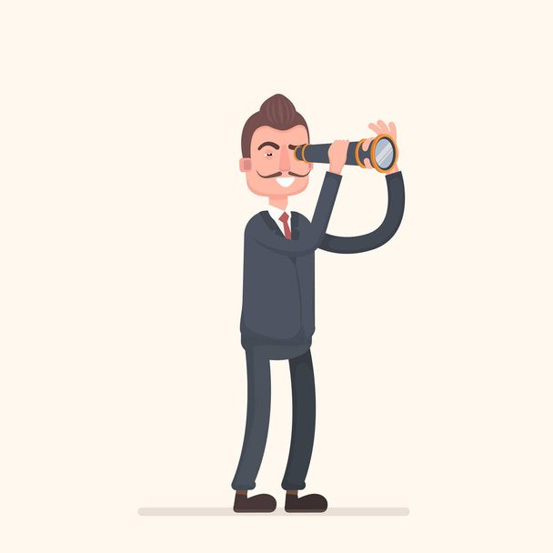 Businessman standing looking in a telescope. The success of the business concept and search capabilities. - Vector, Image