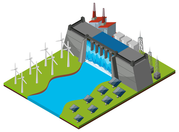 Damm mit Turbinen und Solarzellen - Vektor, Bild