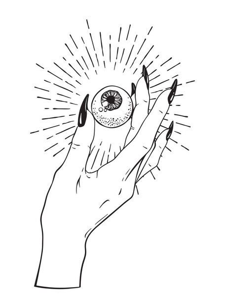 menschlicher Augapfel in weiblicher Hand isoliert. Aufkleber, Druck oder Blackwork-Tätowierung handgezeichnete Vektorillustration - Vektor, Bild
