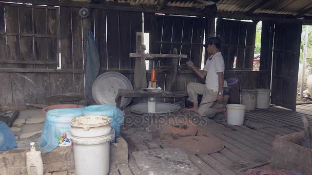 hombre utilizando la máquina de prensado para cortar la masa de arroz en tiras
 - Imágenes, Vídeo