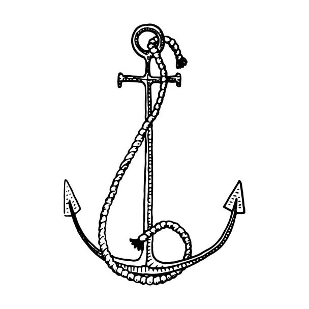 Ukotvení ryté vinobraní v staré ručně kreslenými nebo tetování styl kreslení pro mořské, vodní nebo námořní téma, dřevo řezané, modré logo - Vektor, obrázek