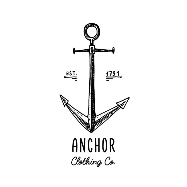 Anchor engraved vintage in old hand drawn or tattoo style, drawing for marine, aquatic or nautical theme, wood cut, blue logo - Vector, Image