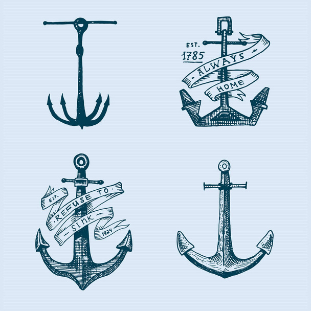 Ancla grabada vintage en estilo antiguo dibujado a mano o tatuaje, dibujo para tema marino, acuático o náutico, corte de madera, logotipo azul
 - Vector, Imagen