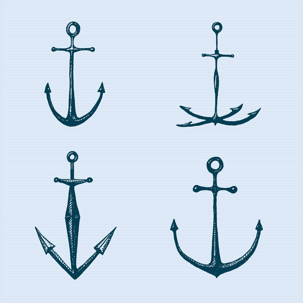 古い手描きで刻まれたヴィンテージのアンカーや海洋、水生生物や航海のテーマは、木材カット、青色のロゴのための描画スタイルのタトゥー - ベクター画像
