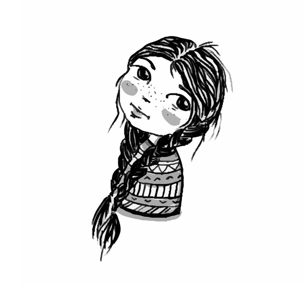 tekening portret van een mooi jong meisje met twee gevlochten pigtails - Foto, afbeelding