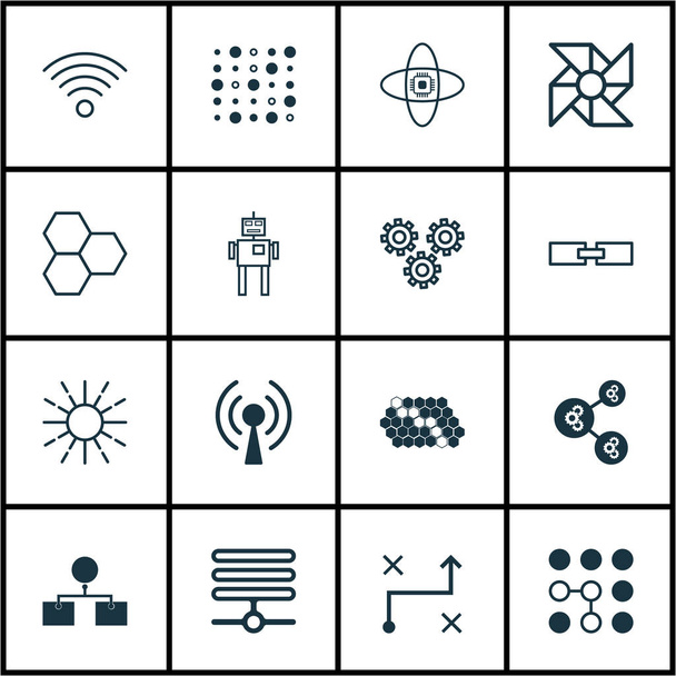 Set Of 16 Robotics Icons. Includes Atomic Cpu, Solution, Hive Pattern And Other Symbols. Beautiful Design Elements. - Vector, Image