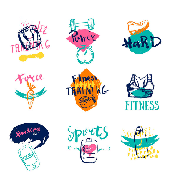 Sada sportovních a fitness grafiky loga a ikony s ručně kreslené prvky - Vektor, obrázek