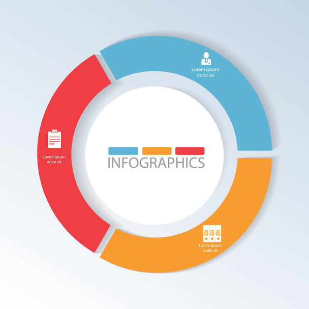 Круговая инфографика из 3 шагов, сегменты для годовых отчетов, диаграммы, презентации, макет рабочего процесса, баннер, числовые опции, опции повышения, веб-дизайн с симуляторами и место для текста
 - Вектор,изображение