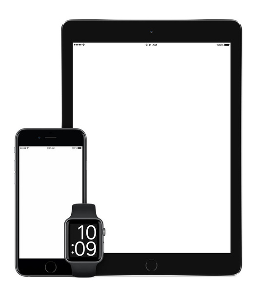 Черный планшетный компьютер смартфон и смартчасы вертикальные
  - Фото, изображение