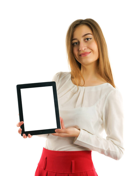 student girl showing screen tablet pc - Фото, изображение