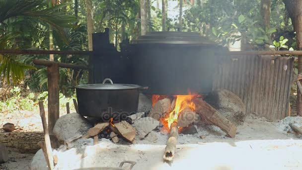 Duży garnek do gotowania na otwartym ogniu, kamienia i drewna (zbliżenie )  - Materiał filmowy, wideo