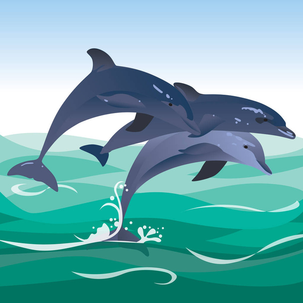 Три счастливых прыгающих дельфина прыгают в зеленый океан
 - Вектор,изображение