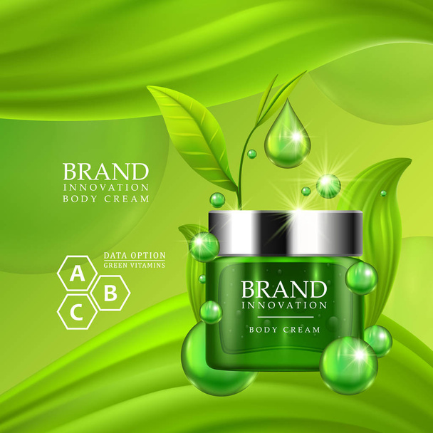 Green cream bottle with silver cap and green leaves on juicy background. Skin care vitamin formula treatment design. Beauty product advertising concept for cosmetic industry. Vector illustration. - Vector, afbeelding