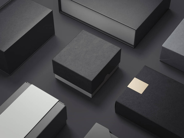 Black set of luxury packages. 3d rendering - Fotoğraf, Görsel