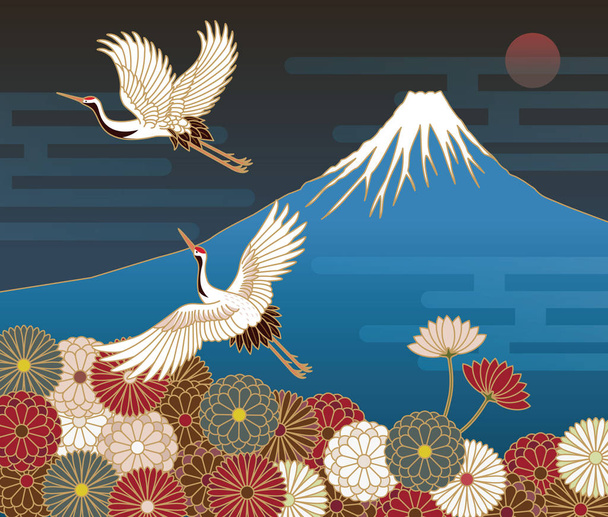 Fuji-Berg, Kraniche und Chrysanthemenblumen - Vektor, Bild