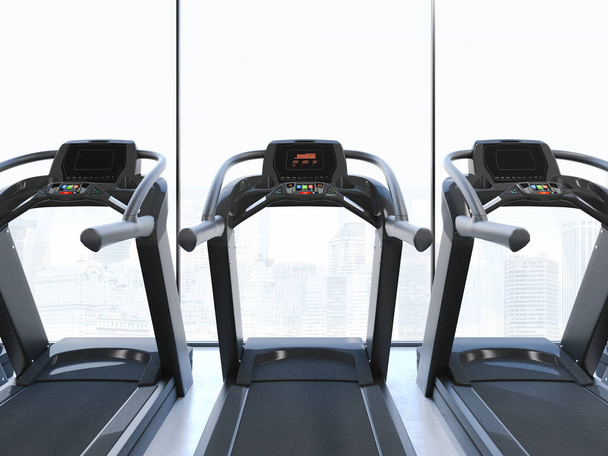 Treadmills in interior with big clear windows. 3d rendering - Photo, image
