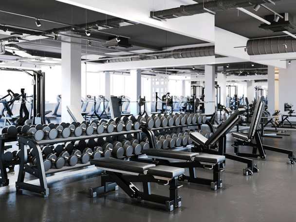 Modern gym with dumbbell set. 3d rendering - Φωτογραφία, εικόνα