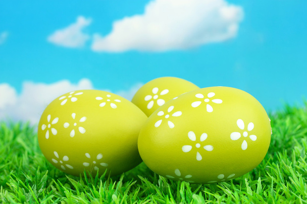 Colorful easter eggs on grass - Foto, afbeelding