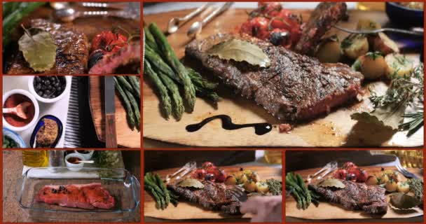 Collage of different views of a sirloin steak with asparagus, potatoes and roasted tomatoes - Footage, Video