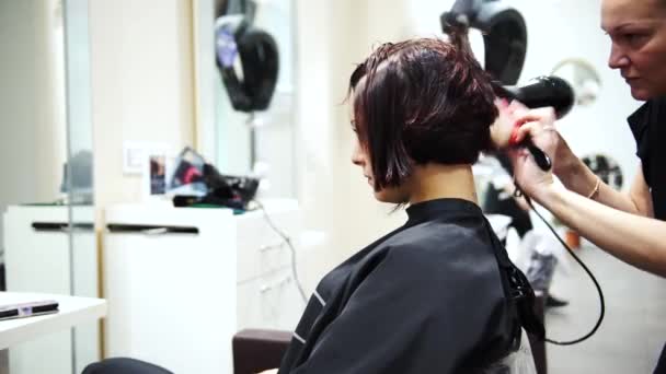 Молода красива жінка висушує її темне волосся у перукарів, 4K
 - Кадри, відео