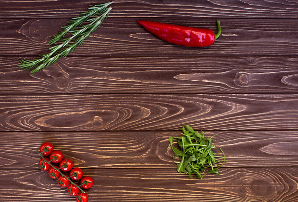Beautifully laid the ingredients of healthy food on kitchen wooden table - Foto, Imagem