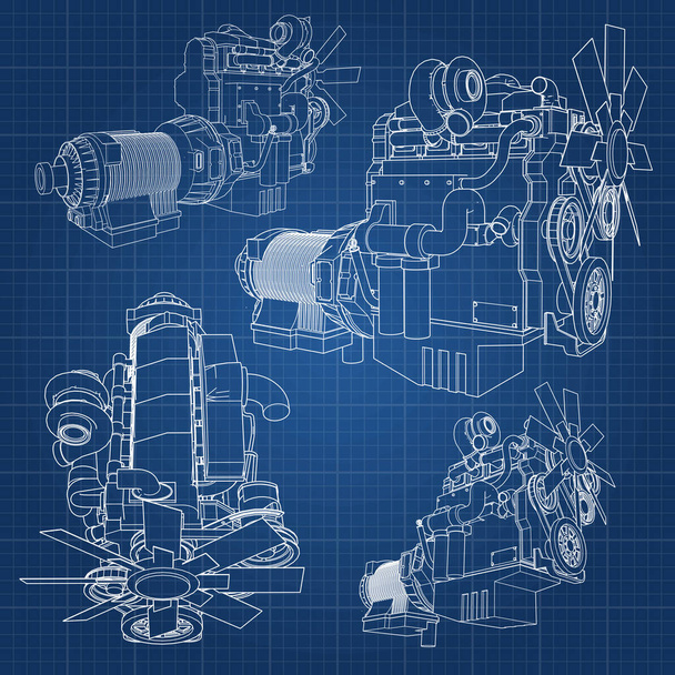 Un gran motor diesel con el camión representado en las líneas de contorno en papel gráfico. Los contornos de la línea negra sobre el fondo azul
. - Vector, Imagen
