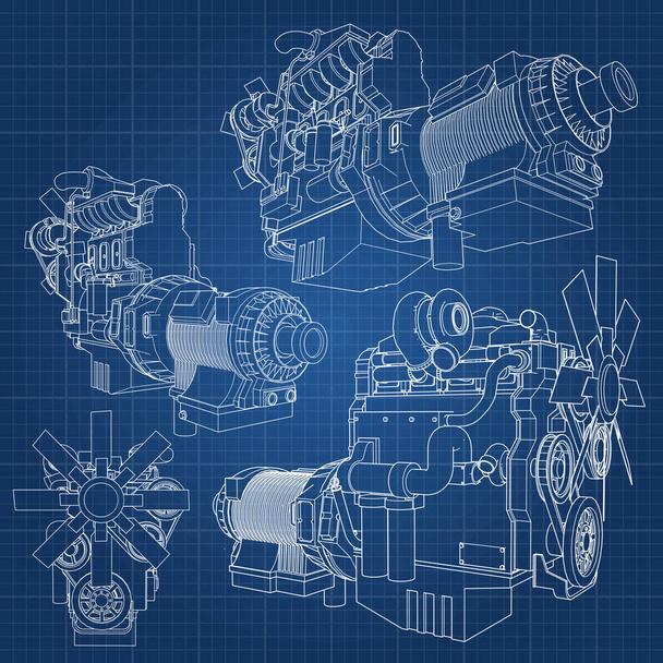 A big diesel engine with the truck depicted in the contour lines on graph paper. The contours of the black line on the blue background. - Vector, Image