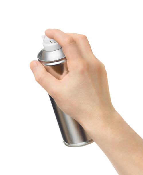 spray lata na mão masculina sobre fundo branco
 - Foto, Imagem