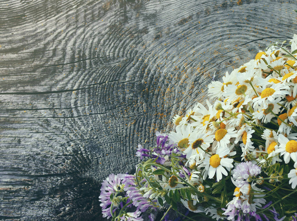 Bouquet of field camomiles on a wooden background. - Fotoğraf, Görsel