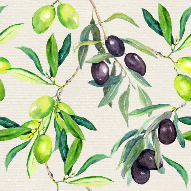Olives branches of olive tree. Seamless pattern. Watercolor - Foto, Imagen