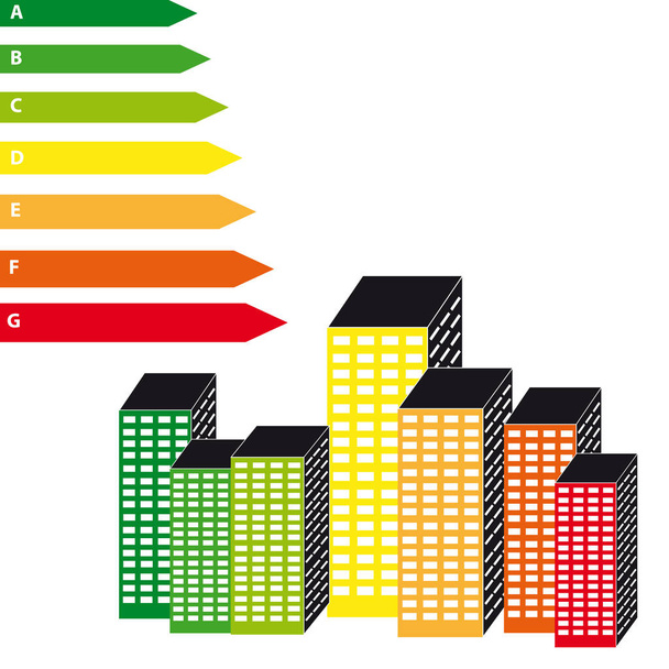 Etiquetas energéticas con rascacielos sobre fondo blanco
 - Vector, imagen