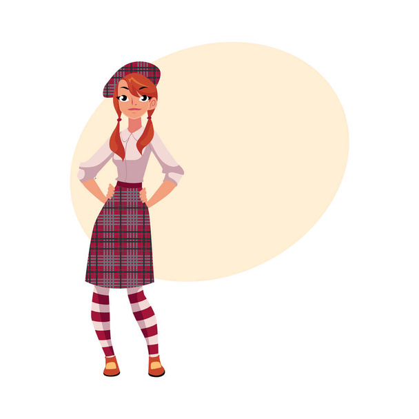 Youn girl in traditional Scottish clothes, tartan beret and kilt - Διάνυσμα, εικόνα