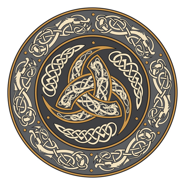Triple Cuerno de Odín decorado con ornamentos escandinavos
 - Vector, Imagen