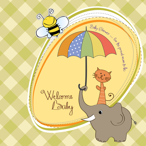 Carte de douche bébé avec éléphant drôle et petit chat sous parapluie
 - Photo, image