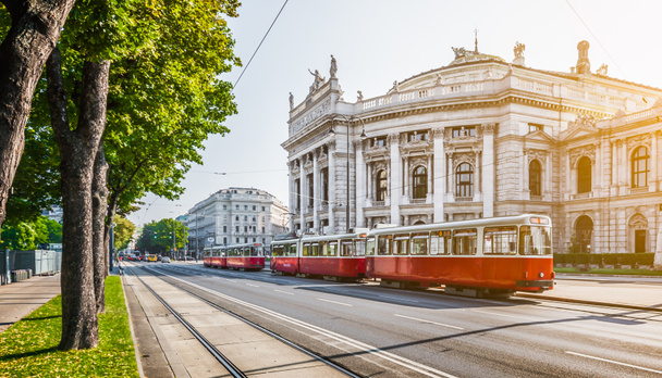 Wiener Ringstrasse com Burgtheater e bonde ao nascer do sol, Viena, Áustria
 - Foto, Imagem