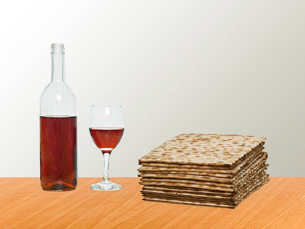 Close up of matza and goblet with red wine  - Photo, Image
