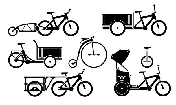 Set of utility bikes and trikes silhouette icons - Vector, Image