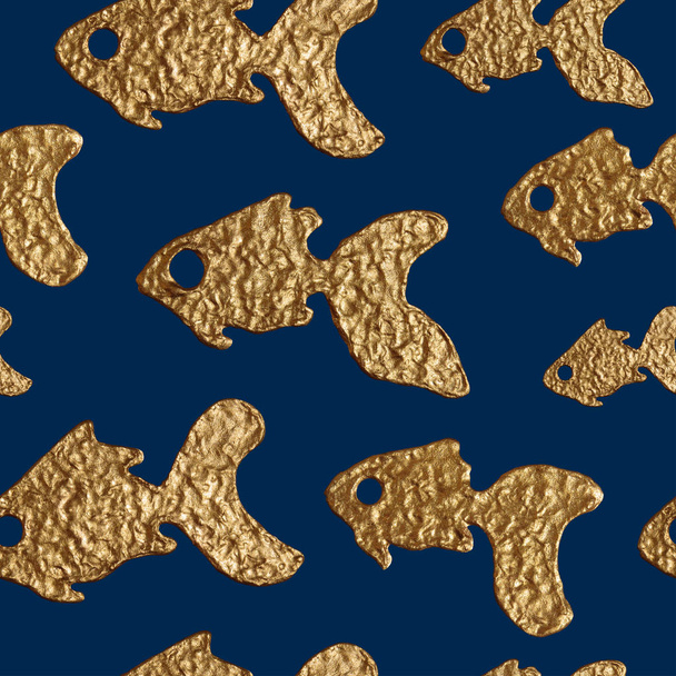 Gold fishes seamless pattern. Hand painted sea background. Abstract marine texture. - Fotografie, Obrázek