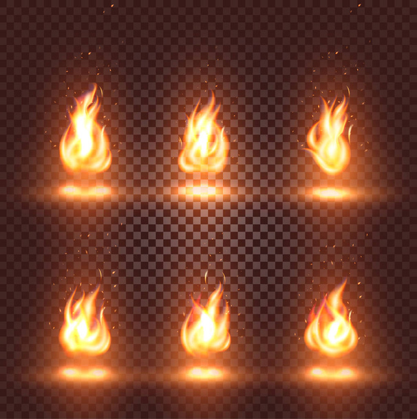 Isolated abstract realistic fire flame images set on checkered background, bonfire signs collection on dark backdrop vector illustration - Vector, Image