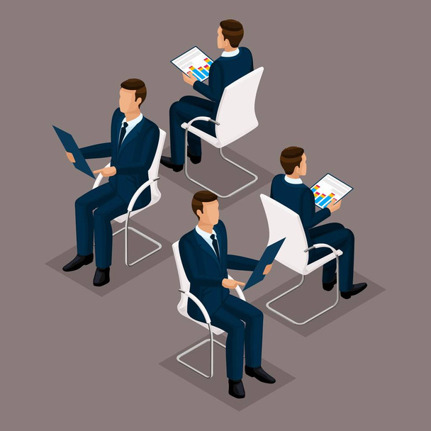 Trend isometrische Menschen setzen 1, 3D-Geschäftsleute in Anzügen, auf einem Stuhl sitzend, Vorder- und Rückansicht isoliert auf dunklem Hintergrund. Vektorillustration - Vektor, Bild