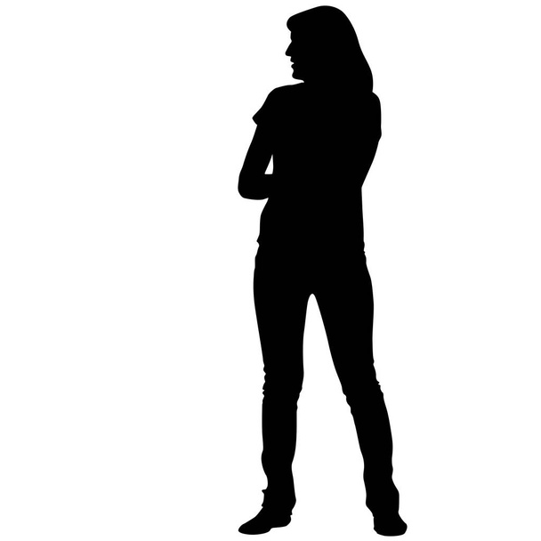 Zwarte silhouet vrouw stond, mensen op witte achtergrond - Vector, afbeelding