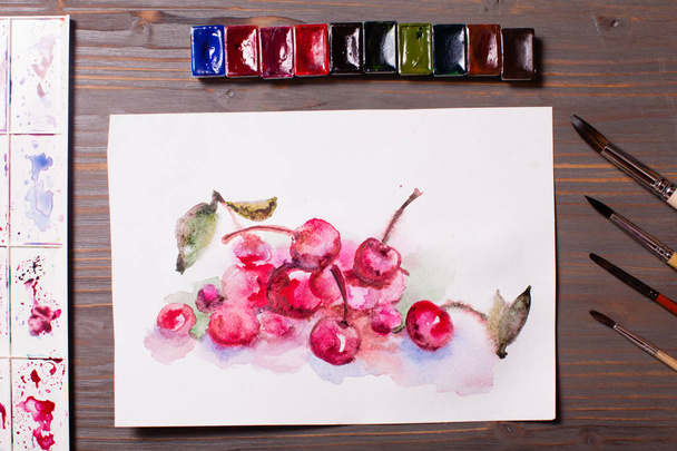 Watercolor painting cherries - Фото, зображення