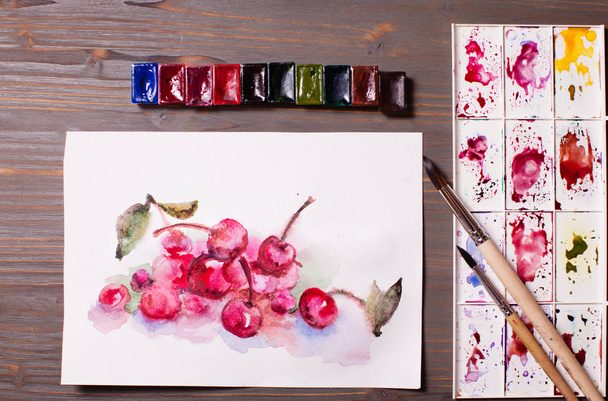 Watercolor painting cherries - 写真・画像
