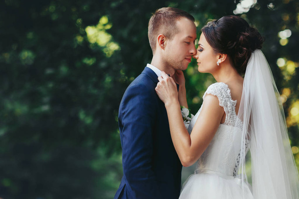 Bride holds groom's bow tie leaning to his face  - Photo, Image