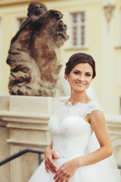 Stunning brunette bride poses behind old marble figures  - Foto, imagen