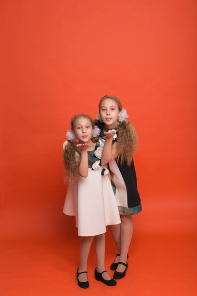 Twee zussen in mooie gestileerde jurken op een rode achtergrond in - Foto, afbeelding