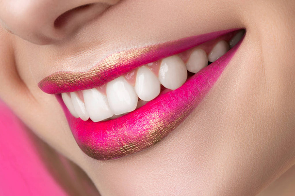 Close up view of beautiful smiling woman lips - Foto, Imagem