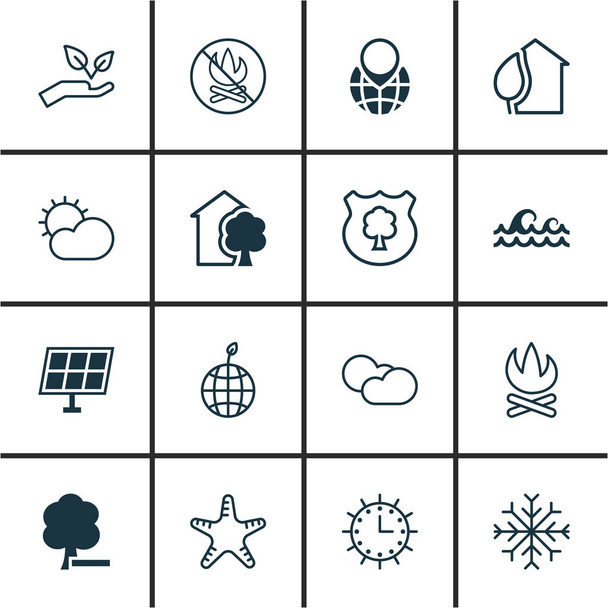Set van 16 Eco iconen. Bevat huis, wereld ecologie, Ocean Wave en andere symbolen. Mooie designelementen. - Vector, afbeelding
