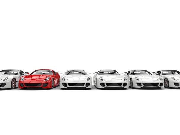 Червоний спортивний автомобіль виділяється в ряд білих загальних автомобілів вид спереду
 - Фото, зображення