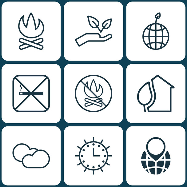 Set de 9 iconos ecológicos. Incluye Ecología Mundial, Reloj Solar, Hogar y Otros Símbolos. Hermosos elementos de diseño
. - Vector, imagen